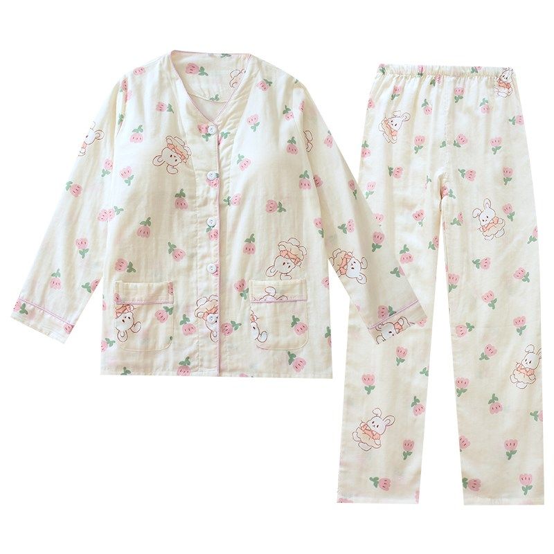 带胸垫睡衣女纯棉双层纱布薄款开襟夏季长袖免文胸家居服两件套,淘宝优惠券,粉丝福利购,淘宝优惠卷