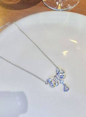 仙女之泪!微镶锆石精致蝴蝶结水滴项链女轻奢小众设计高级感颈链