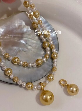 春夏高级感金珠澳白混彩珍珠毛衣项链美拉德配饰万能扣珍珠吊坠银