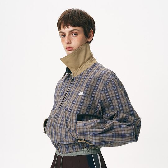 Ahhh bath style two-sided coat for women early spring new retro blended short lapel plaid flight jacket