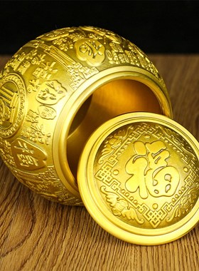 黄铜百福缸带盖黄铜n米缸聚宝盆茶叶罐铜水缸存钱罐精致客厅装饰