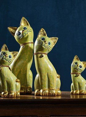 异丽泰国实木工艺品创意猫咪客厅电视柜暹罗猫家居桌面装饰品