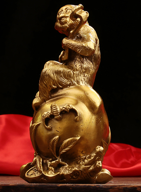 纯铜如意猴子摆件 十二生肖元宝寿桃猴摆设 家居风水招财礼品