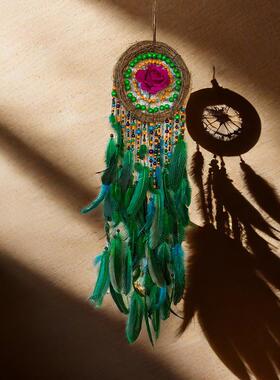 翎毛藤编原创手工轻奢捕梦网挂件羽毛摆件彷真玫瑰花挂件创意装饰