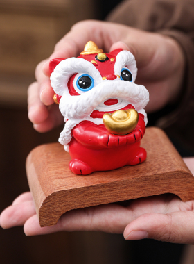 招财摆件红色醒狮舞狮桌面摆件装饰品工艺品招财进宝木质底座收藏