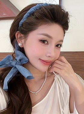复古牛仔蓝色齿梳飘带发箍女高颅顶编发一体头箍时尚气质发卡头饰