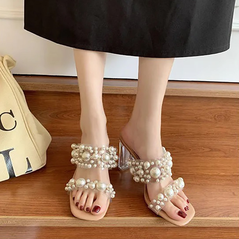 透明珍珠凉鞋女夏高跟粗跟水晶跟仙女风一字带凉拖鞋3S1 32 33小,淘宝优惠券,粉丝福利购,淘宝优惠卷