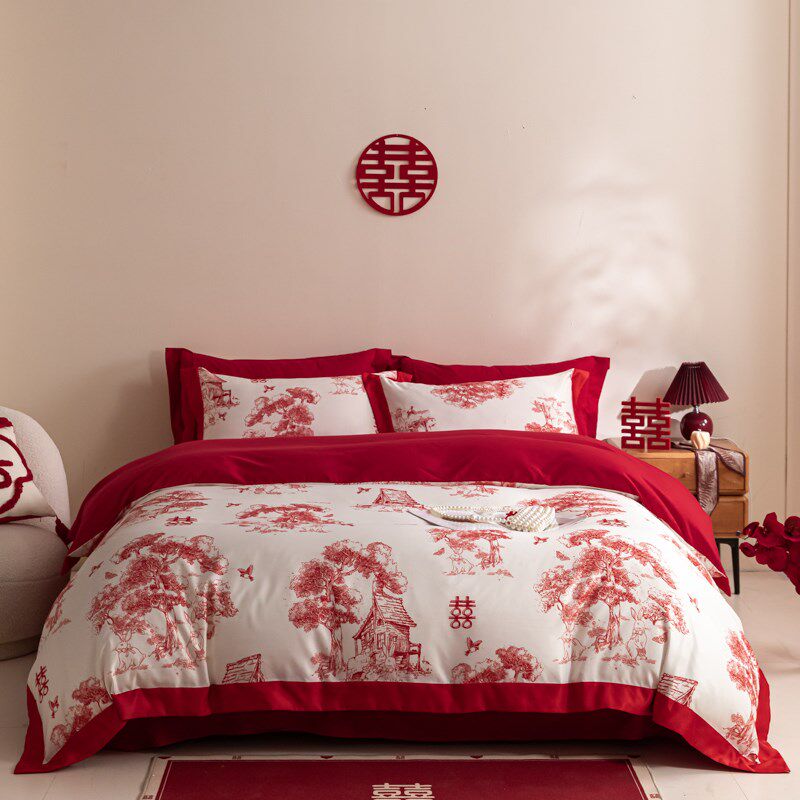 现代100支结婚四件套t婚庆红色被套新婚喜被床单床上用品4,淘宝优惠券,粉丝福利购,淘宝优惠卷