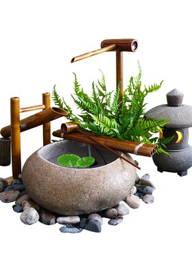 日式庭院石钵流水景蹲踞手水砵竹子惊鹿石灯茶室花园造景禅意摆件