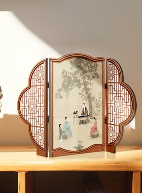 中古风客厅桌面边柜装饰摆件装饰画高级感玄关柜可折叠屏风摆画