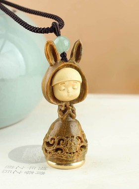 可爱梦境兔许愿女孩镂空香囊吊坠绿檀木项链毛衣链女民族风配饰品