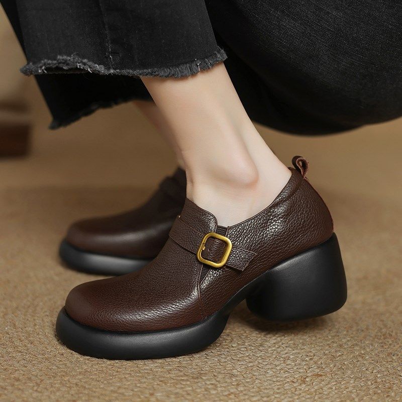 真皮厚底一脚蹬小皮鞋女2025年新款深口单鞋皮带扣粗跟高跟鞋大码,淘宝优惠券,粉丝福利购,淘宝优惠卷