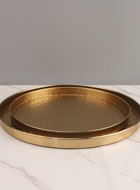 现代简约圆形锤纹金属首饰收纳托盘摆件卧室玄关样板房家居装饰品