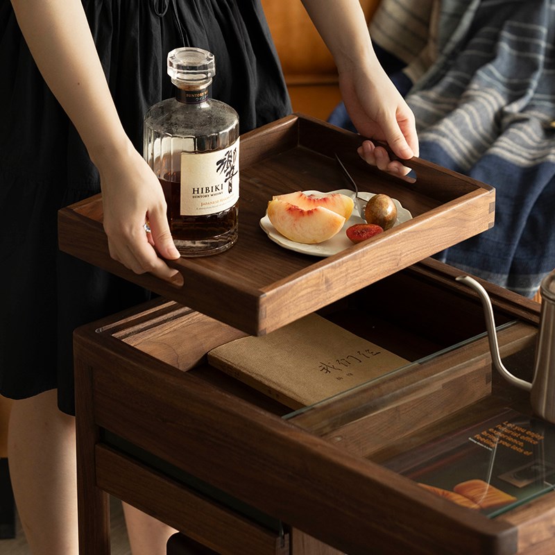 凯舜木作黑胡桃木边几可移动带轮茶几桌沙发边小推车北欧实木角几 - 图1