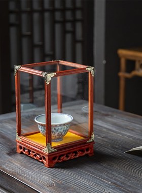 红檀木宝c笼玻璃罩古董铜器文玩观音佛像摆件工艺品防尘罩底座