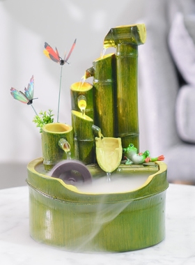 招财竹子流水喷泉风水轮摆件加湿器创意客厅办公室内小假山装饰品