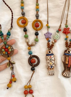 民族风陶瓷流苏叠戴项炼女高级感卫衣炼新中式覆古长版毛衣炼配饰