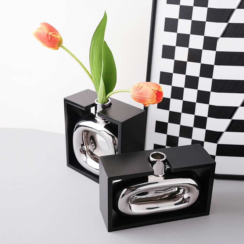 现代框体电镀银陶瓷瓶客厅餐桌面插 创意风级感,淘宝优惠券,粉丝福利购,淘宝优惠卷