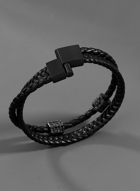 手链男士高级感黑色皮质编织双层手绳复古百搭男生简约设计感手环