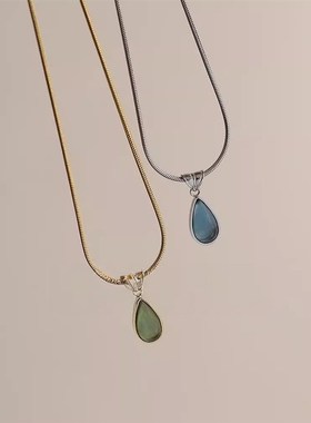 vintage法式复古蓝绿水滴项链钛钢不掉色吊坠轻奢小众高级锁骨链