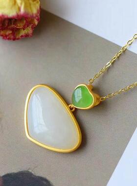 纯银新中式吊坠女镶嵌天然白石绿石点缀潮流简约吉祥如意饰品