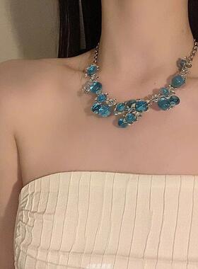 冰魄蓝水晶花朵项链女锁骨链轻奢重工颈链新款晚礼服配饰