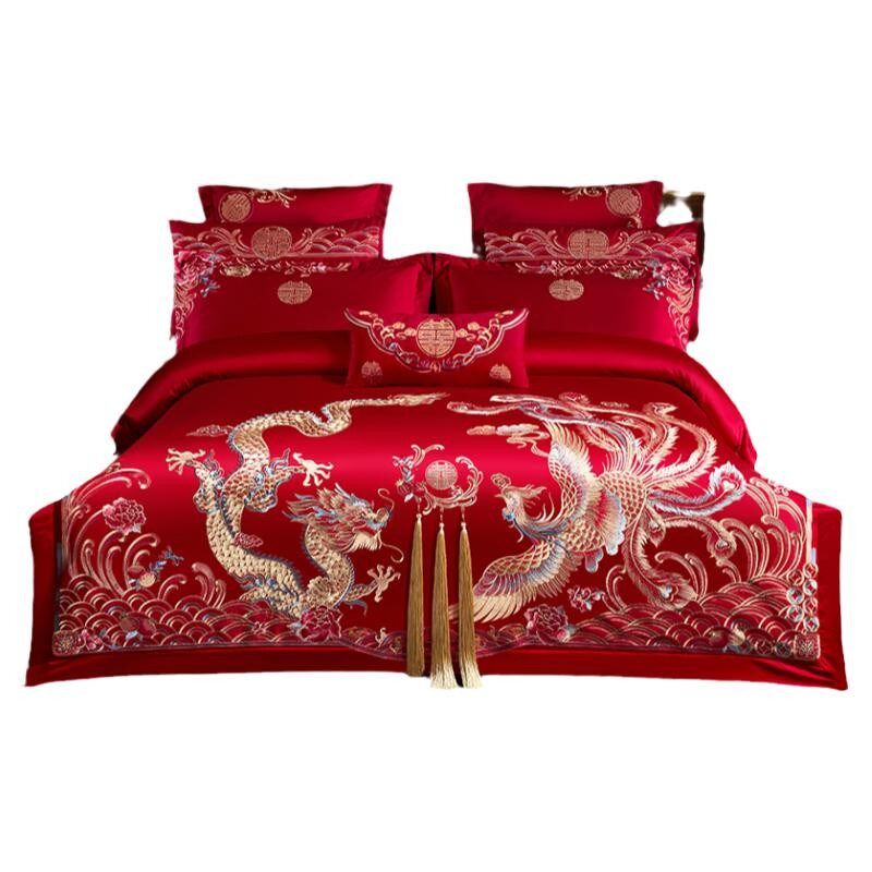 中式100支长j绒棉婚庆四件套大红色龙凤刺绣结婚床上用品4,淘宝优惠券,粉丝福利购,淘宝优惠卷