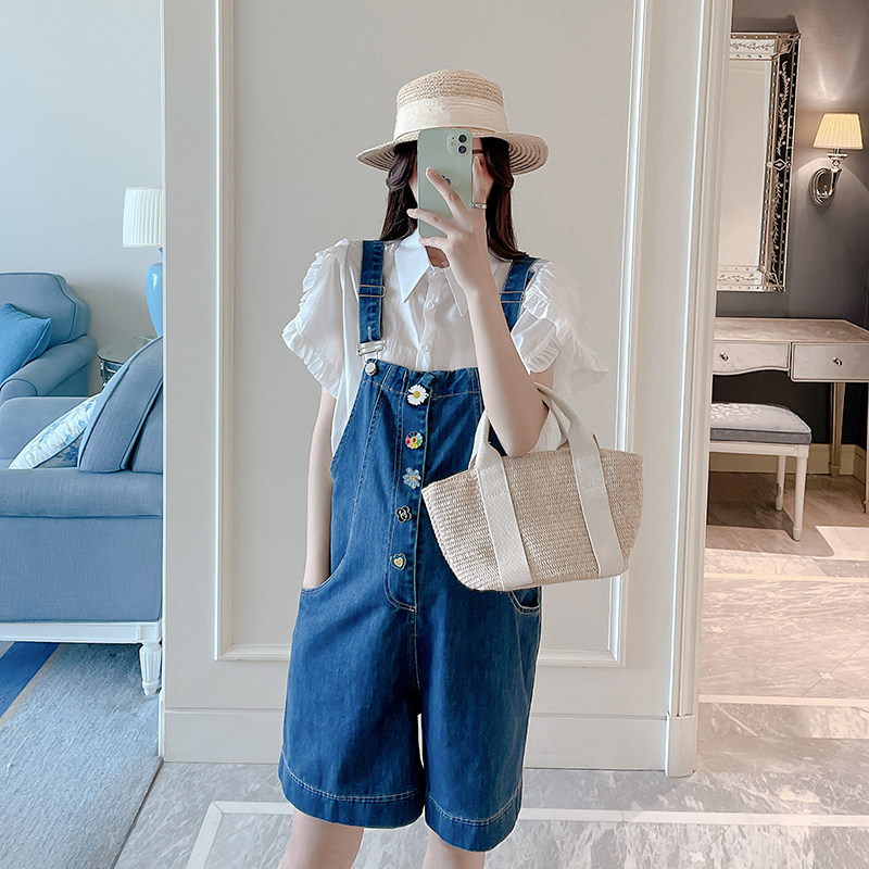 孕妇装2022夏季新款时尚牛仔背带短裤套装韩版薄款洋气外穿裤子,淘宝优惠券,粉丝福利购,淘宝优惠卷
