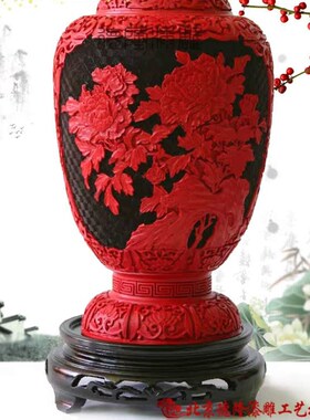 漆器直销纳财摆件质量保障祝寿生日礼品开业礼物漆雕15寸牡丹花瓶