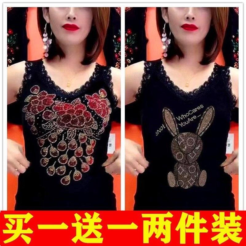 夏季高档吊带背心女彩烫钻中老年V领蕾丝拼接黑色无袖小衫妈妈装,淘宝优惠券,粉丝福利购,淘宝优惠卷