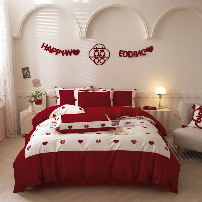 高级感结婚四件套大红婚庆床单被套全棉新婚陪V嫁喜被床上用品,淘宝优惠券,粉丝福利购,淘宝优惠卷