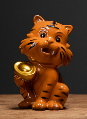 黄色招财老虎陶瓷生肖摆件装饰品