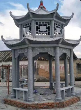 园林石雕凉亭仿古青石石雕凉亭中式园林广场庭院双层石材景观亭