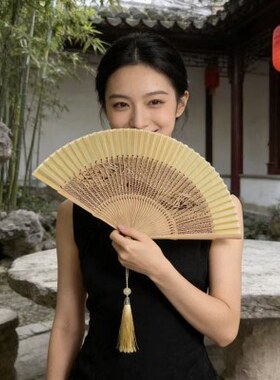 端头青竹雕断桥苏堤纪念品折扇镂空雕花流苏扇子企业年会礼品扇