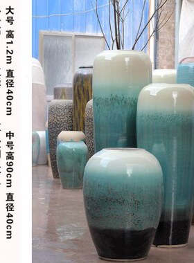 粗陶陶罐落地大花瓶样板房摆件绿色复古流水客厅陶瓷景观卧室摆件