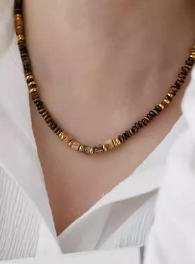 美拉德天然虎眼石串珠项链女轻奢小众高级感锁骨链秋冬复古毛衣链