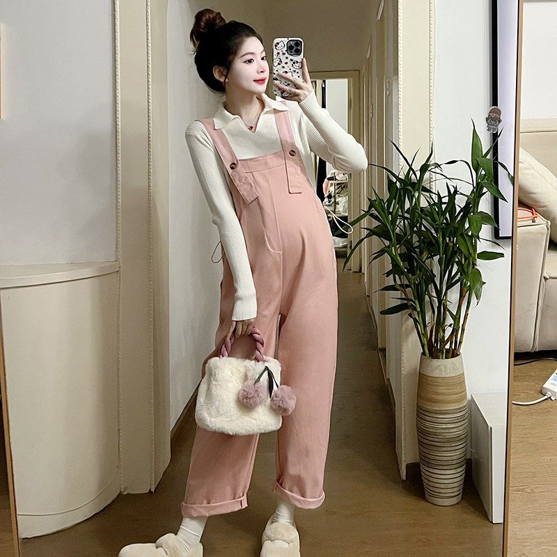 孕妇装春秋季套装2025新款韩版翻领打底长袖上衣减龄背带裤两件套,淘宝优惠券,粉丝福利购,淘宝优惠卷