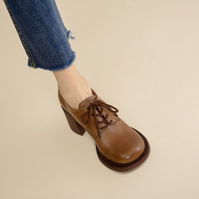 空欢喜2022春季新款复古棕色绑带高跟单鞋女深口粗跟真皮圆头女鞋,淘宝优惠券,粉丝福利购,淘宝优惠卷