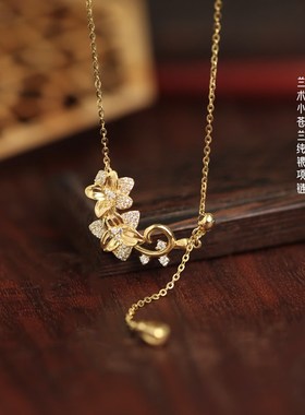 国风文艺花项链银女纯银流苏项链女款轻奢小众女生可调节抽拉式