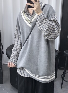 学院风情侣文艺针织无袖毛衣马甲男毛线背心马甲男秋冬季潮流内搭