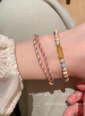 新中式寿山石串珠手链女生闺蜜复古竹节手串彩色手工编织叠戴手饰