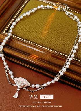 扇形水滴吊坠双层珍珠项链法式复古百搭锁骨链小众级感轻奢项饰