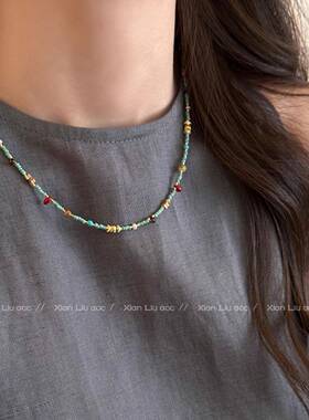 绿色松石彩色串珠项链女轻奢高级感小众颈链配饰锁骨链