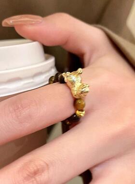 雅丹风虎眼石铜钱串珠戒指女小众设计感复古食指戒感偏财指环