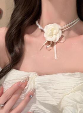 山茶花珍珠项链女锁骨链拼接轻奢小众花朵颈链脖子配饰