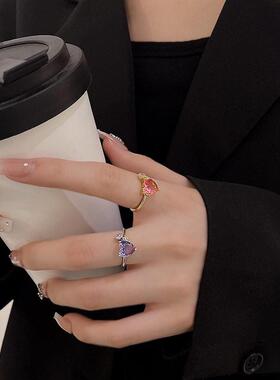 韩国微镶水晶锆石珍珠戒指女开口可调节甜美法式花朵指环手饰