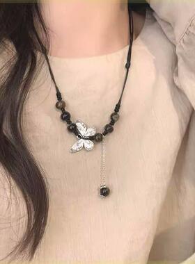 个性锁骨链新中式蝴蝶项链民族风手工编织串珠文艺森系小众复古潮