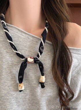 腰果花缠绕珍珠丝巾系脖项链女艺术生独特漂亮挂脖配饰长款毛衣链