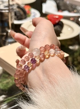 天然水晶手链草莓晶碧玺金发晶紫晶月光多圈混搭招财爱情转运手串