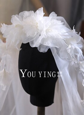 优颖轻盈质感绢纱立体烫花法式蓬蓬头纱新娘头饰婚纱跟妆旅拍配饰